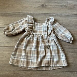 Plaid Ruffle Kids Dress - Tan